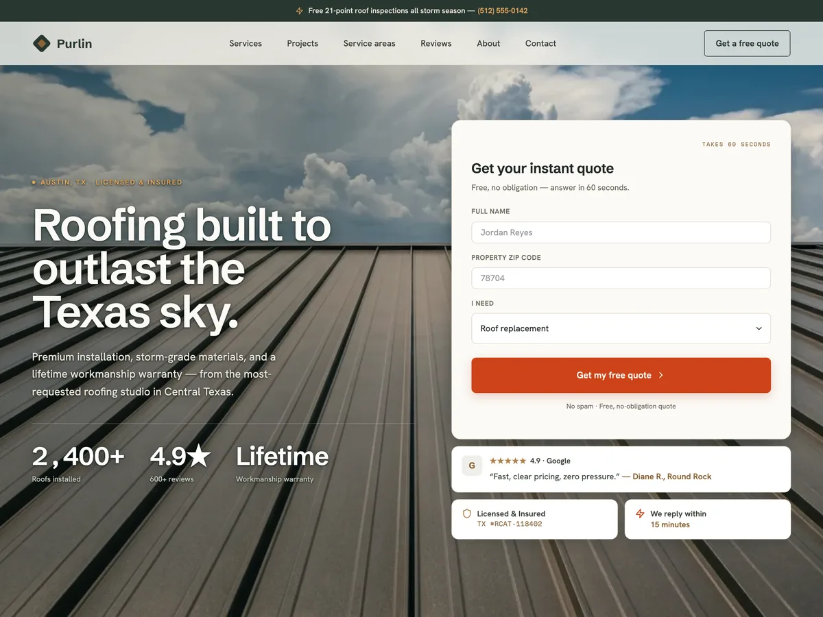 Purlin — 屋根工事業者向け Webflow テンプレートのホームページサムネイル
